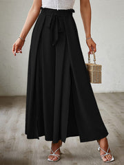 Black paperbag waist palazzo pants with tie belt and high side slits