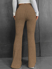 Sculpted ribbed flare trousers in mocha polyester, high-waisted with a bootcut leg.