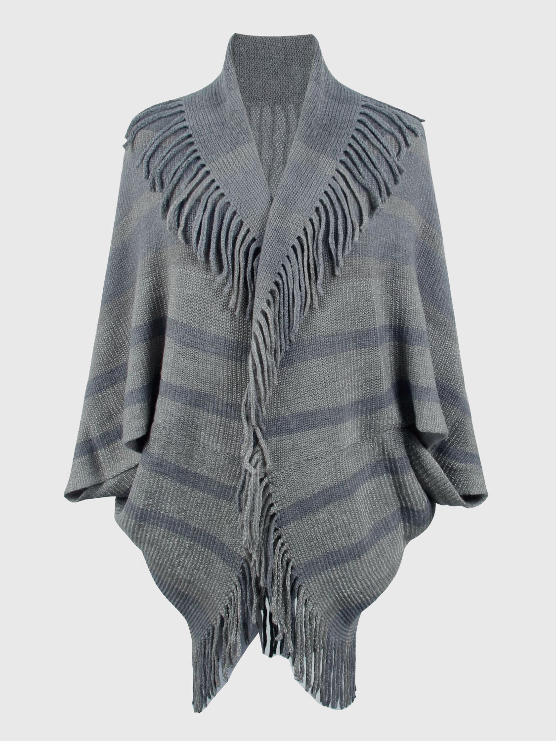 Charcoal striped knit capelet with fringe detail and shawl collar.