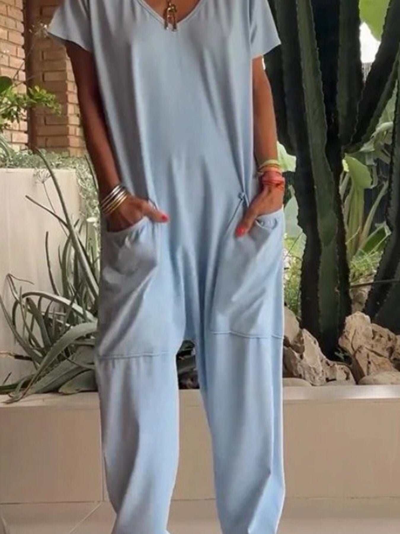 Loose Fit V-neck Short Sleeve Wide Leg Jumpsuit in Floral Gray, back view