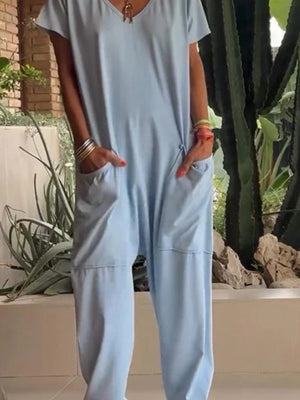 Loose Fit V-neck Short Sleeve Wide Leg Jumpsuit in Floral Gray, back view