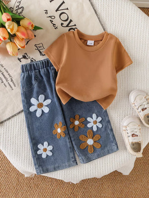 Children's Round Neck Top And Flower Jeans Set in Dark Brown, front view