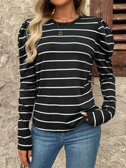 Black and white striped long sleeve top with gathered puff sleeves.