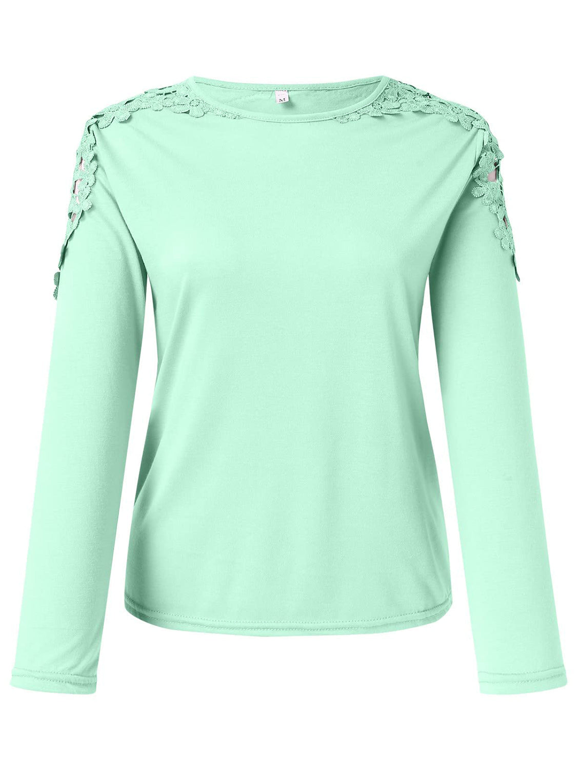 Light green long sleeve top with lace yoke and sleeve detail
