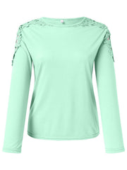 Light green long sleeve top with lace yoke and sleeve detail