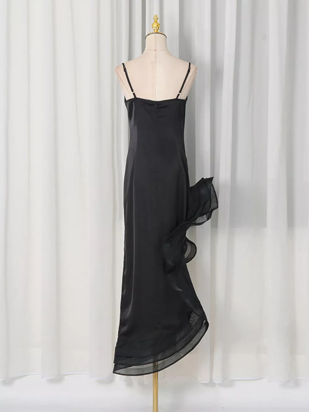 Spaghetti Strap Ruffle Slit Maxi Dress in Black, fabric detail