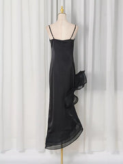 Spaghetti Strap Ruffle Slit Maxi Dress in Black, fabric detail