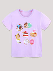 Lilac cotton t-shirt with cute animated dessert prints including pancakes, macarons, donuts, and waffles.