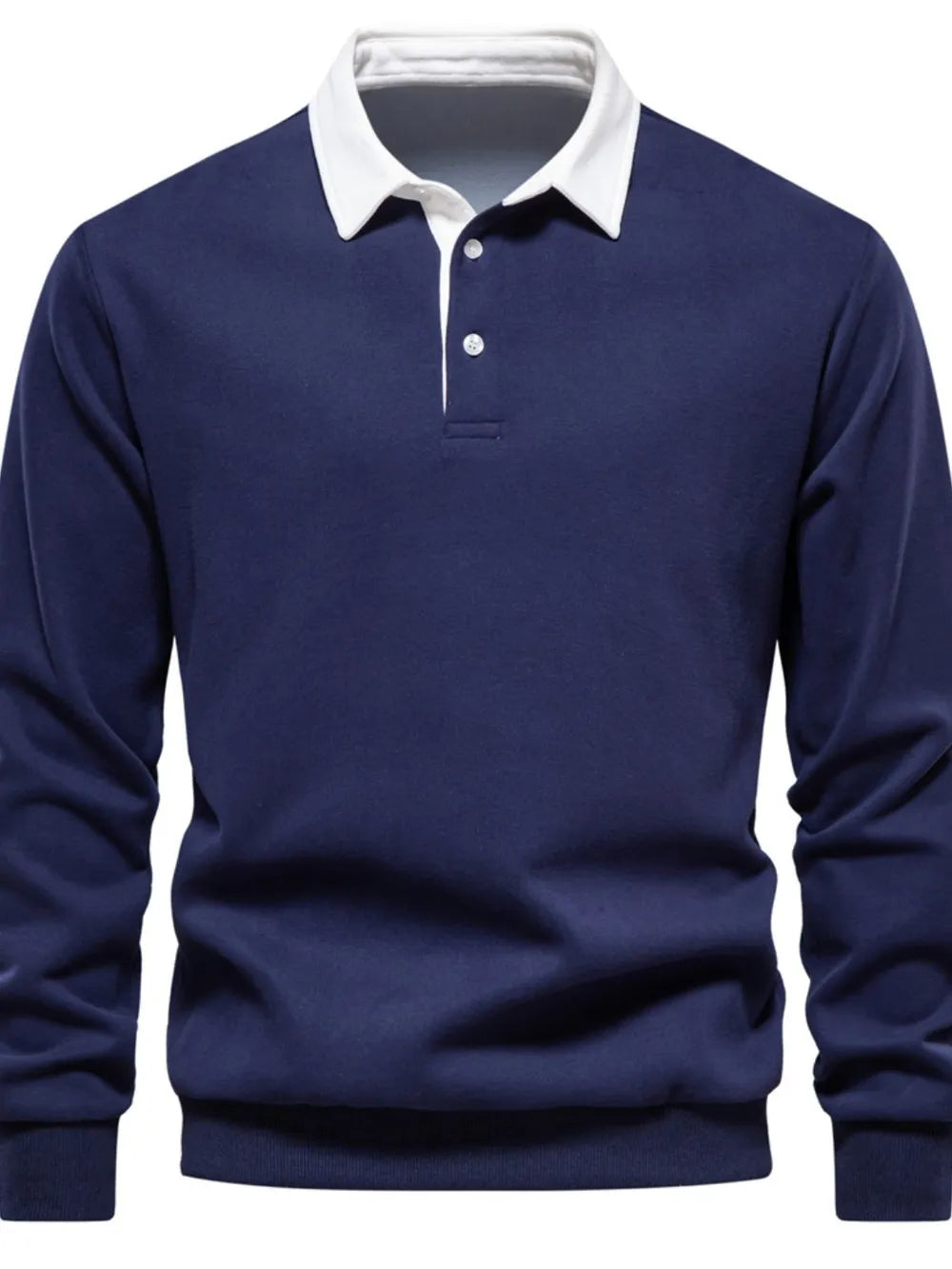Navy long sleeve sweatshirt with white collar and two button placket