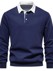 Navy long sleeve sweatshirt with white collar and two button placket