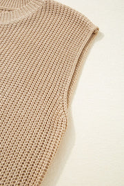 Tan knit tank top with open knit detail and crew neck