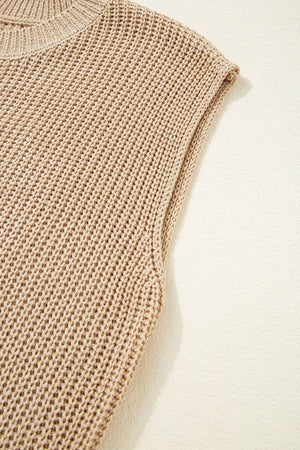 Tan knit tank top with open knit detail and crew neck
