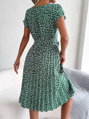 Green floral print midi dress with tie waist and short sleeves