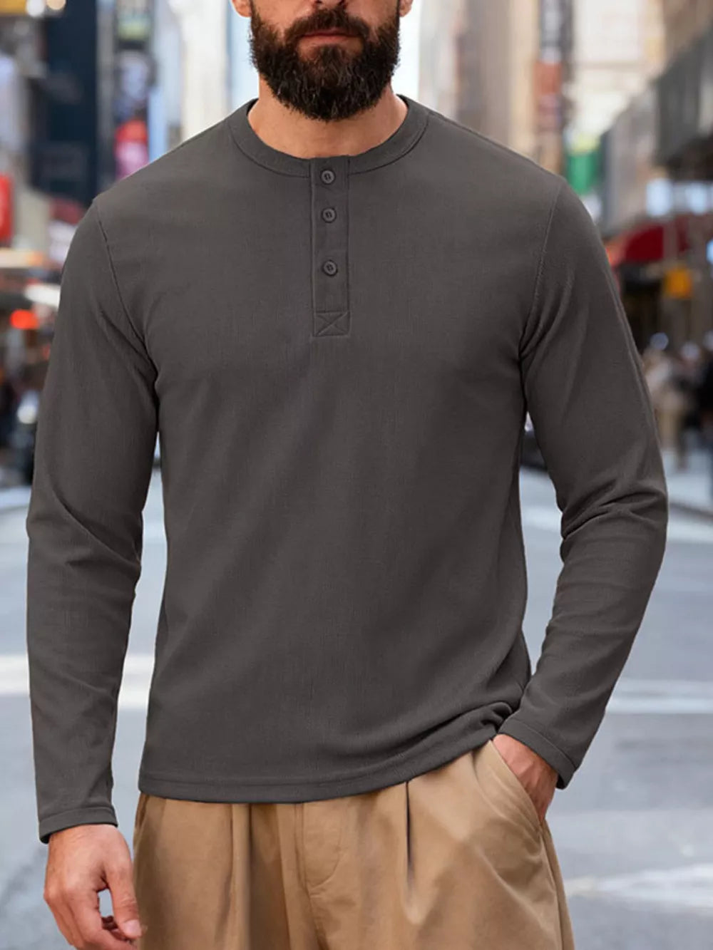 Men's gray long sleeve cotton henley t-shirt with button placket