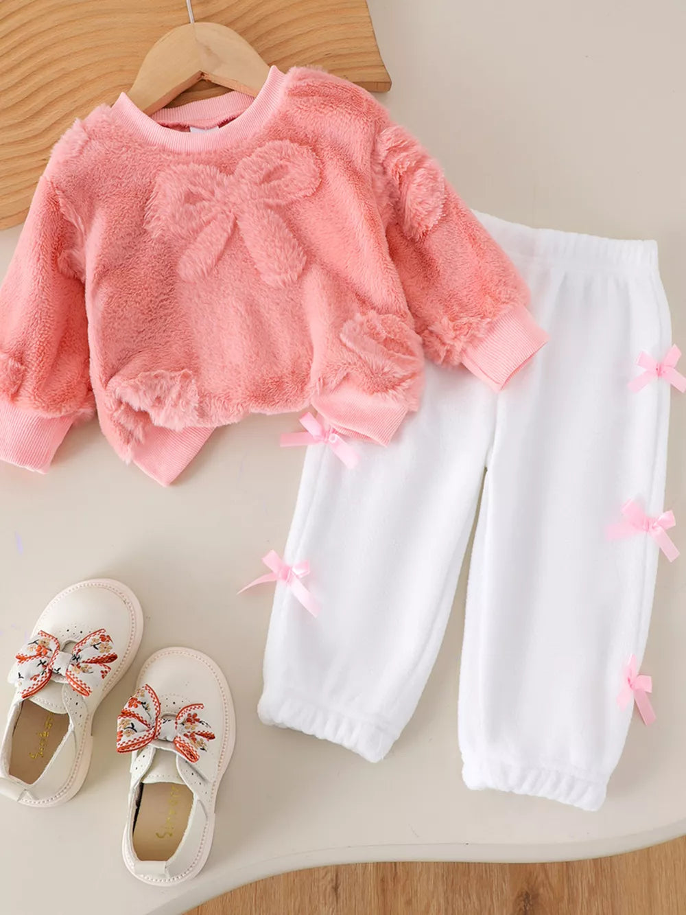 Children's Bow Round Neck Top And Pants Set in Pink, front view