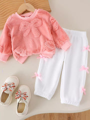 Children's Bow Round Neck Top And Pants Set in Pink, front view