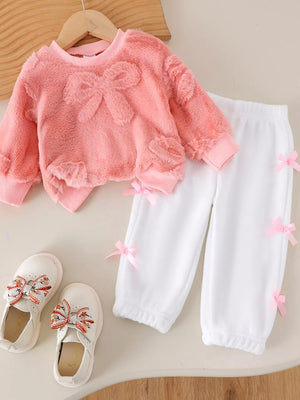 Children's Bow Round Neck Top And Pants Set in Pink, front view
