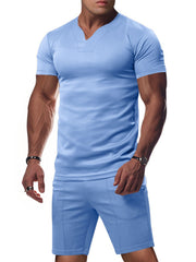 Light blue v-neck tee with notched collar and matching shorts set for men.