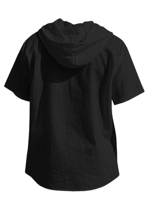 Men's black short sleeve hooded shirt with textured fabric