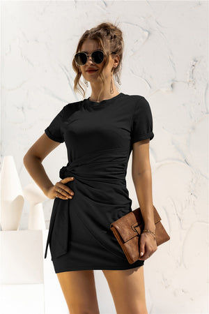 Black jersey mini dress with short sleeves and a knot-front detail.