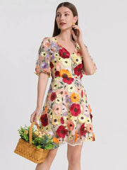Floral Embroidery V-neck Mini Dress