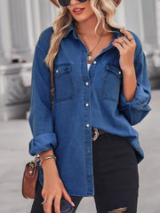 Washed denim maternity overshirt in navy with snap pockets, classic collar, and curved hem.