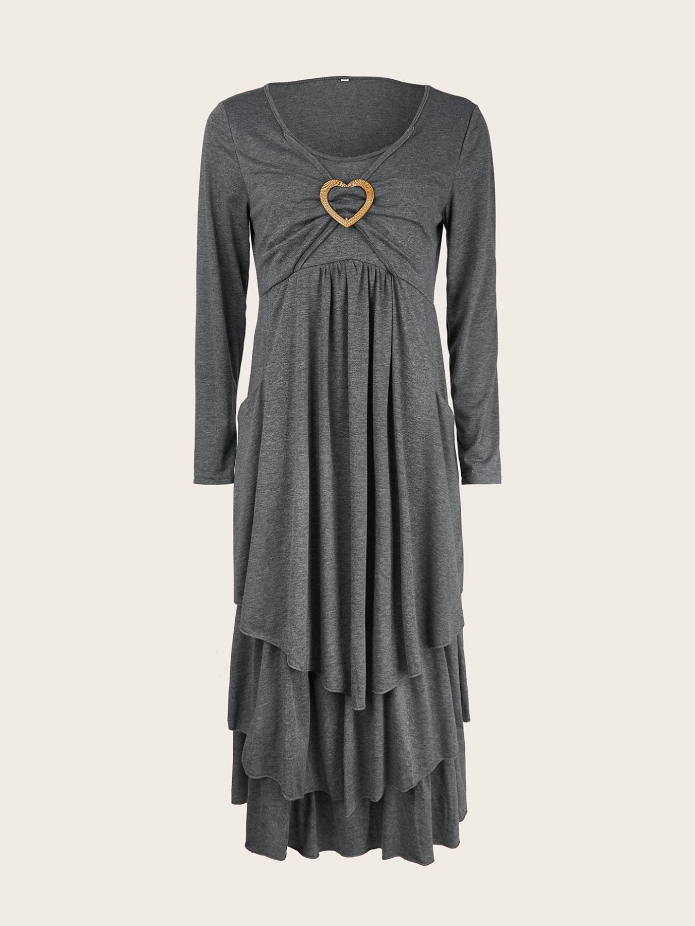 Dark gray tiered midi dress with long sleeves and a heart detail at the neckline.