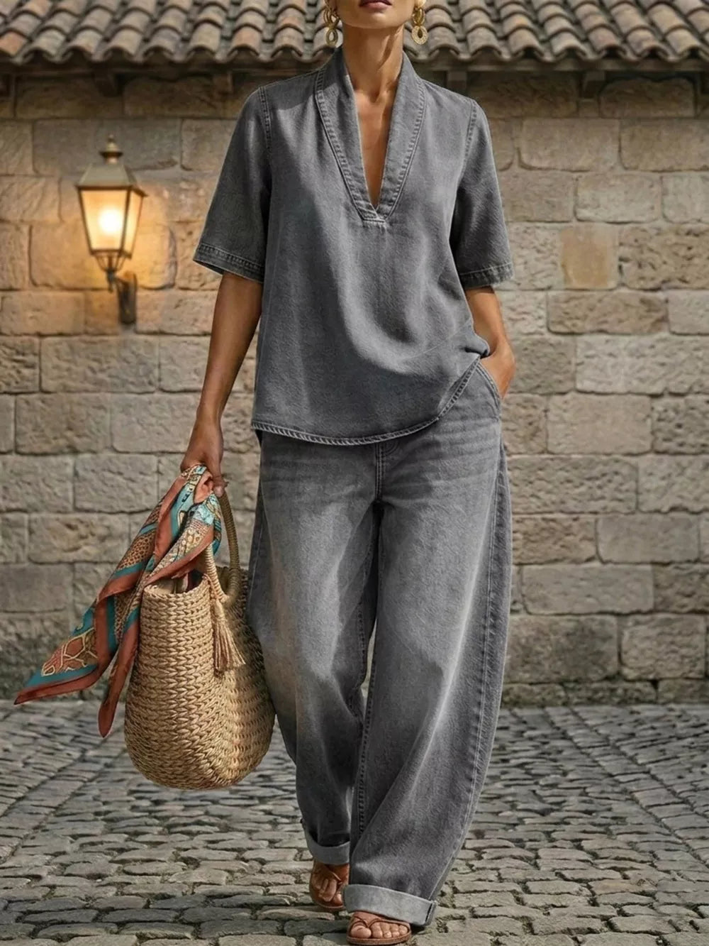 Gray cotton V-neck top and wide-leg pants set with cuffed ankles and curved hem