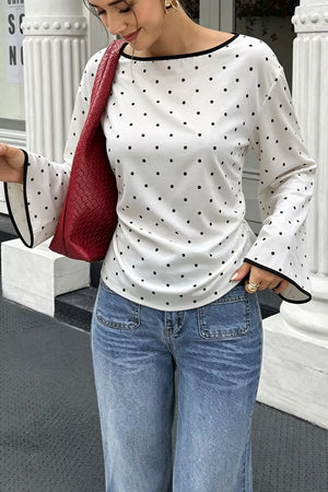 Polka Dot Flare Sleeve Blouse in White, front view