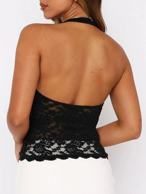 Black lace halter top with floral detail and open back.