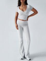 Light Gray ruched waistband flared lounge pants and V-neck wrap top set