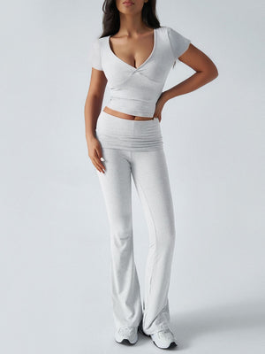 Light Gray ruched waistband flared lounge pants and V-neck wrap top set