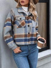 Plaid pocketed jacket with classic collar in Black Forest, button-down, cropped length.