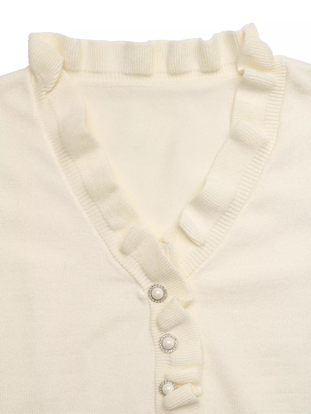 Ruffle Trim Pearl Button V-neck Knit Top in Apricot, fit detail
