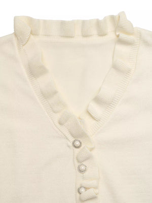 Ruffle Trim Pearl Button V-neck Knit Top in Apricot, fit detail
