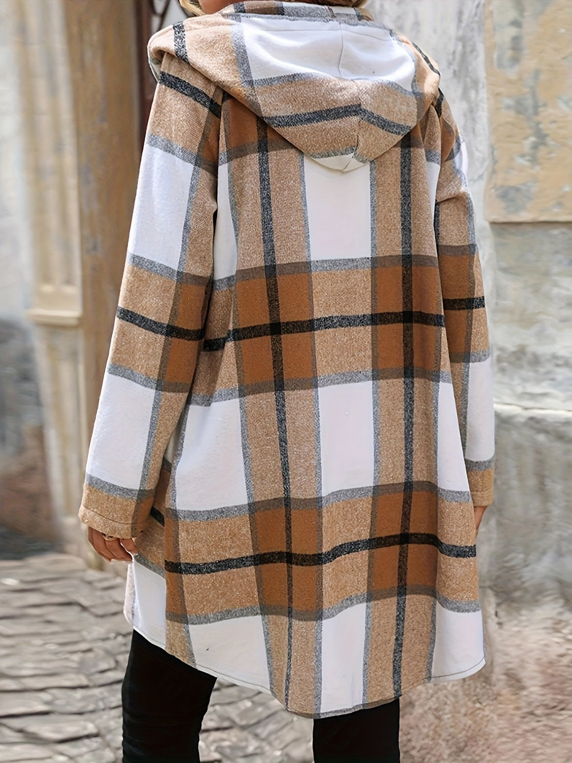Longline plaid hooded zip-through jacket in camel, white, and black.
