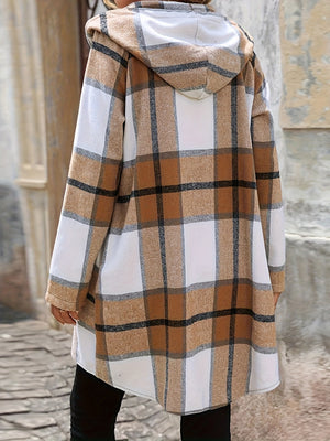 Longline plaid hooded zip-through jacket in camel, white, and black.