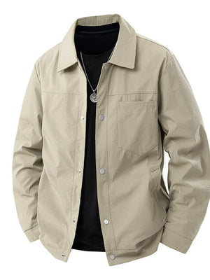 Light Khaki snap-down jacket for men with a collared neckline and chest pocket.
