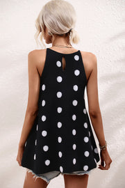 Black polka dot knit tank top with keyhole back detail