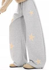 Gray wide leg sweatpants with drawstring and embroidered stars