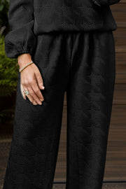 Black textured puff sleeve lounge set pants with elastic waist