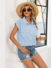 Plaid Button Up Cap Sleeve Shirt in Blue, view 12