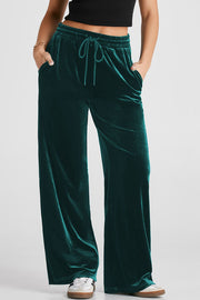 Velvet lounge wide-leg drawstring trousers in Black Forest with pockets.