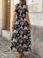 Cold Shoulder Floral Print Maxi Dress in Black, back view