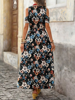 Cold Shoulder Floral Print Maxi Dress in Black, back view