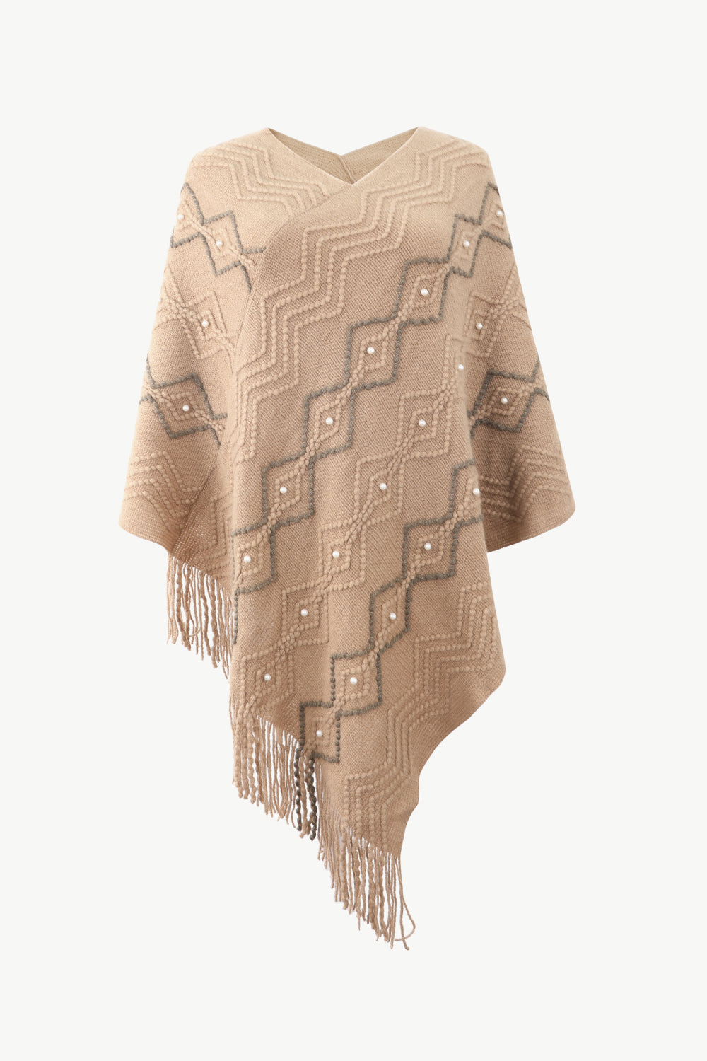 Khaki geometric knit poncho with pearl embellishments and fringe detail.