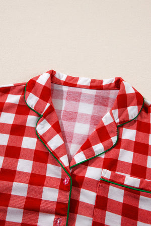 Festive red gingham pajama set with green trim and collared neckline.