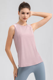Dusty Pink mesh panel performance tank top with round neckline and raglan sleeves.
