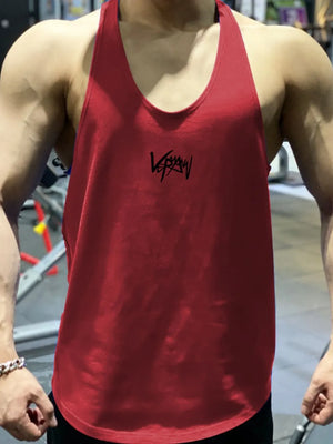 Deep Red performance racerback tank top with black graphic detail