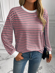 Horizontal stripe crewneck sweatshirt with white cuffs and neckline, in pink and grey.